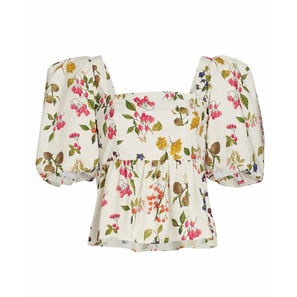 Cara Cara Alexis Top M Botanical Floral Puff Sleeve Peplum Square Neck Cotton
